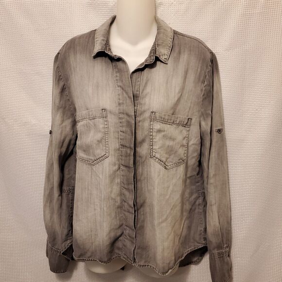 Cloth & Stone Top Sz M Chambray Gray Split Back RollTab Boho Beach Button Down - Picture 1 of 5